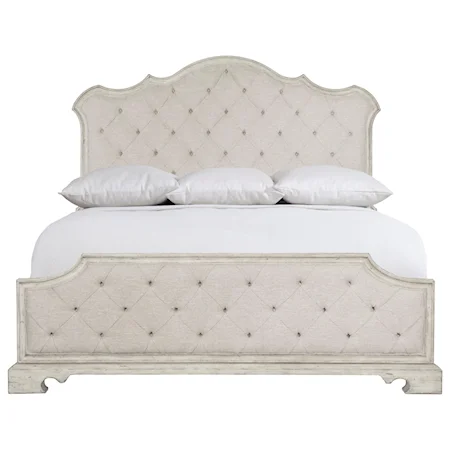 Traditional King Upholstered Panel Bed with Shaped Headboard